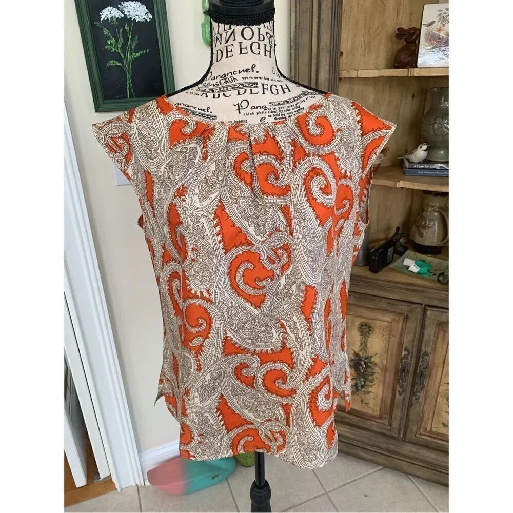 Talbots Button Back Sleeveless Top Orange Paisley Print Satin Tank